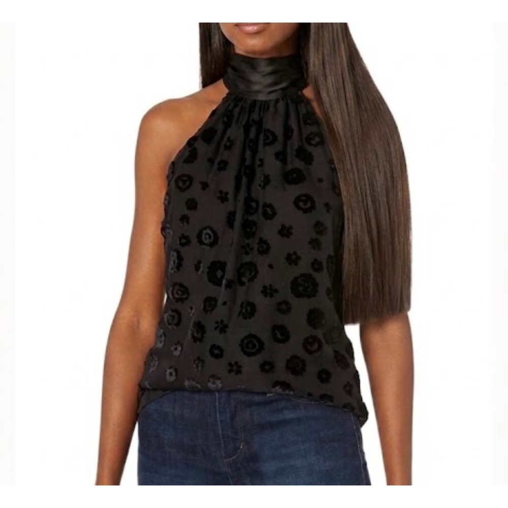Ramy Brook Pam Top Sz M Black Burnout Velvet Floral Halter Sleeveless Back Bow